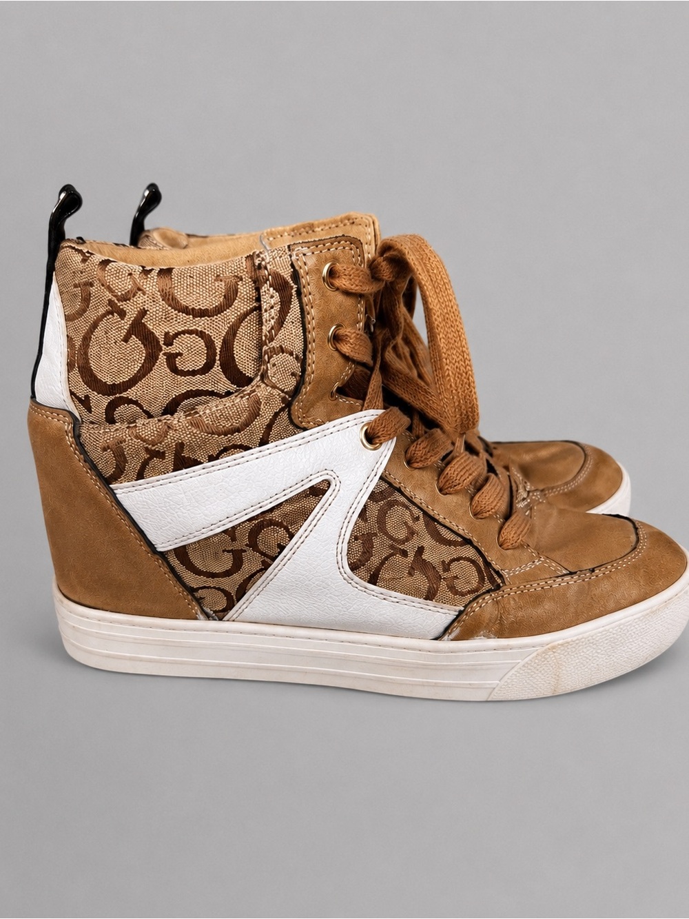 GUESS Brown Wedge Sneakers Women's Lace Up Hidden Heel Casual Fashion Shoes